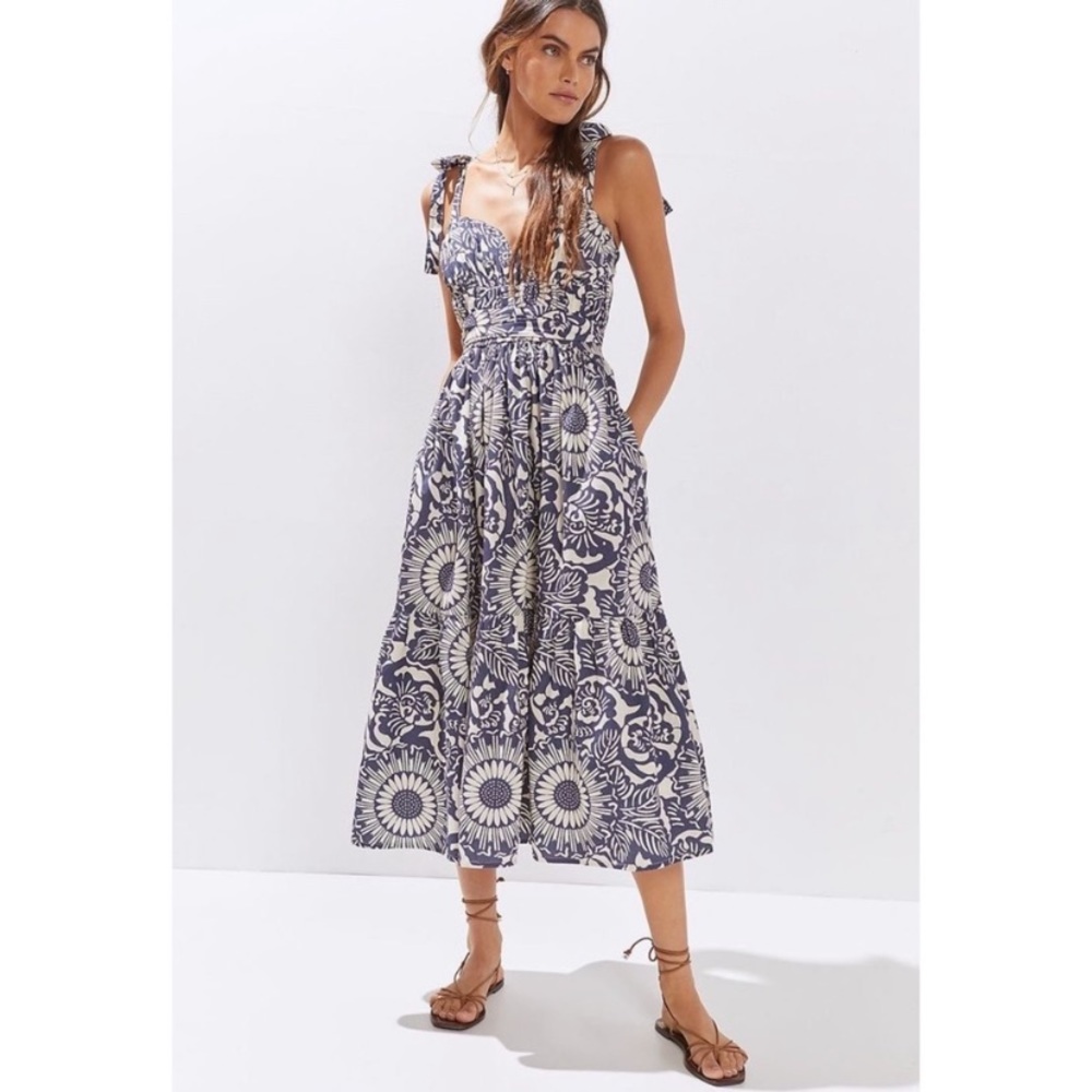 Anthropologie Forever That Girl Flounced Floral Blue Motif Midi Dress Medium
